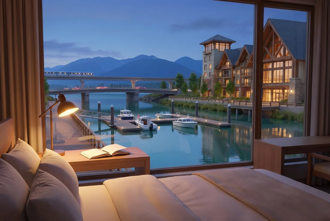 Illustration: a hotel room at dusk with a window view of a river, a marina and bridge lights