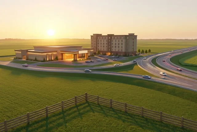 Illustration : un casino bas et un bâtiment d’hôtel en bordure d’une autoroute, sur des terres agricoles plates au coucher du soleil, dessinés à titre d’impression générale