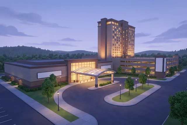 Illustration : un grand complexe de casino et d’hôtel avec un garage de stationnement au crépuscule, dessiné à titre d’impression générale