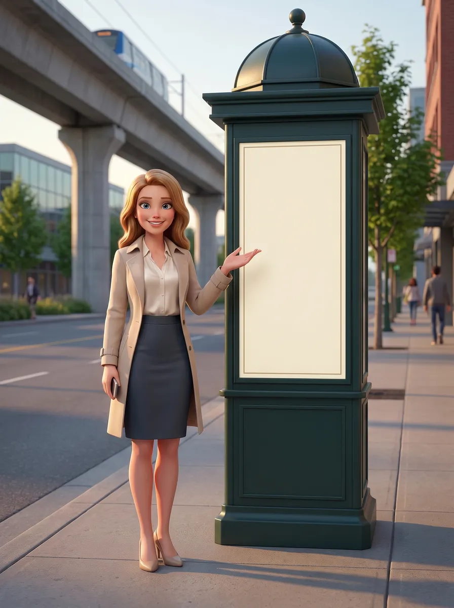 Illustration: the guide pointing to an empty notice frame on a green poster column under the Canada Line